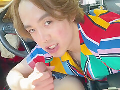Asian Twink Sucks Big White Cock & Swallows In The Car