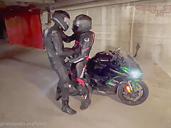 Biker gear gloved leather suit cuming