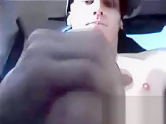 teen 18+ boy jerking in a car on highway, cums and smiles